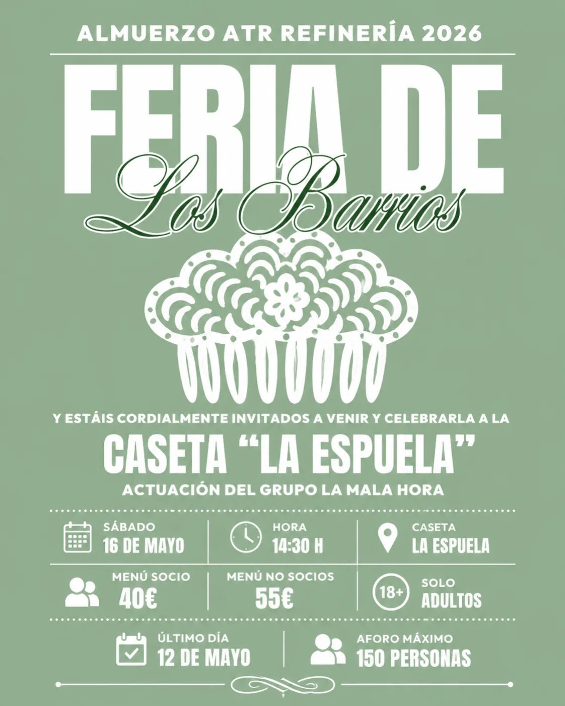 Cartel de Almuerzo ATR Refinería 2026 · Caseta «La Espuela»